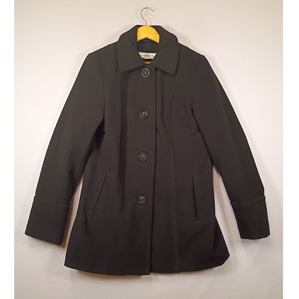 Classic Minimalist Liz Claiborne Women Medium Black Button Front Car Coat Jacket